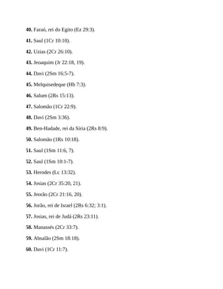 40. Faraó, rei do Egito (Ez 29:3).
41. Saul (1Cr 10:10).
42. Uzias (2Cr 26:10).
43. Jeoaquim (Jr 22:18, 19).
44. Davi (2Sm 16:5-7).
45. Melquisedeque (Hb 7:3).
46. Salum (2Rs 15:13).
47. Salomão (1Cr 22:9).
48. Davi (2Sm 3:36).
49. Ben-Hadade, rei da Síria (2Rs 8:9).
50. Salomão (1Rs 10:18).
51. Saul (1Sm 11:6, 7).
52. Saul (1Sm 10:1-7).
53. Herodes (Lc 13:32).
54. Josias (2Cr 35:20, 21).
55. Jeorão (2Cr 21:16, 20).
56. Jorão, rei de Israel (2Rs 6:32; 3:1).
57. Josias, rei de Judá (2Rs 23:11).
58. Manassés (2Cr 33:7).
59. Absalão (2Sm 18:18).
60. Davi (1Cr 11:7).
 