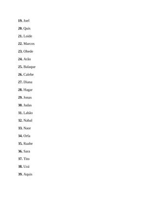 19. Joel
20. Quis
21. Loide
22. Marcos
23. Obede
24. Arão
25. Balaque
26. Calebe
27. Diana
28. Hagar
29. Jonas
30. Judas
31. Labão
32. Nabal
33. Naor
34. Orfa
35. Raabe
36. Sara
37. Tito
38. Uzá
39. Aquis
 