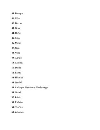 40. Baruque
41. César
42. Dorcas
43. Geasi
44. Hofni
45. Jetro
46. Mical
47. Natã
48. Vasti
49. Agripa
50. Cleopas
51. Dalila
52. Erasto
53. Hilquias
54. Jezabel
55. Sadraque, Mesaque e Abede-Nego
56. Otniel
57. Públio
58. Estêvão
59. Timóteo
60. Zebulom
 