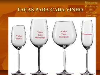 25
TAÇAS PARA CADA VINHOTAÇAS PARA CADA VINHO
Vinho
branco
Vinho
Tinto
Meio corpo
Vinho
Tinto
Encorpado
Espumante
Ristorante
Mantovani
(18)
8123-8226
3909-1986
 