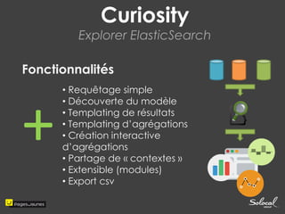 Curiosity 
Explorer ElasticSearch 
Fonctionnalités 
• Requêtage simple 
• Découverte du modèle 
• Templating de résultats 
• Templating d’agrégations 
• Création interactive d’agrégations 
• Partage de « contextes » 
• Extensible (modules) 
• Export csv 
+  