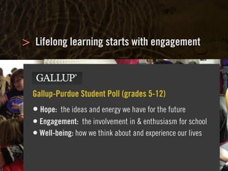 Clearly Ambiguous
>
 
Gallup-Purdue Student Poll (grades 5-12) 
• Hope: the ideas and energy we have for the future
• Engagement: the involvement in & enthusiasm for school
• Well-being: how we think about and experience our lives
Lifelong learning starts with engagement
 