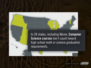 Clearly Ambiguous
In 28 states, including Maine, Computer
Science courses don’t count toward
high school math or science graduation
requirements.
code.org
 