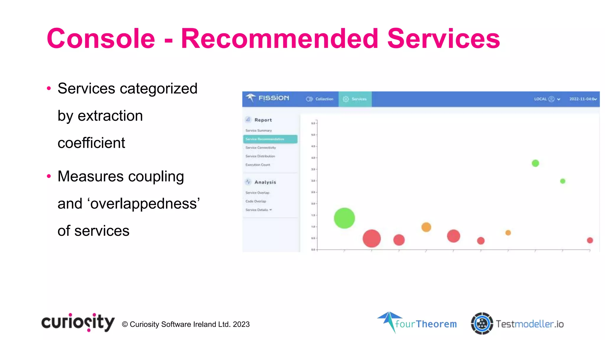 © Curiosity Software Ireland Ltd. 2023
Console - Recommended Services
• Services categorized
by extraction
coefficient
• Measures coupling
and ‘overlappedness’
of services
 
