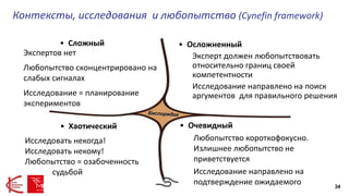 М.Крикунов – Мариуполь МРА 34
• Сложный
Причины и следствия
согласуются в прошлом,
повторяются случайно
– Непредсказуемы
• Очевидный
Любопытство короткофокусно.
Излишнее любопытство не
приветствуется
Исследование направлено на
подтверждение ожидаемого
• Хаотический
Контексты, исследования и любопытство (Cynefin framework)
• Осложненный
Эксперт должен любопытствовать
относительно границ своей
компетентности
Исследование направлено на поиск
аргументов для правильного решения
• Сложный
Экспертов нет
Любопытство сконцентрировано на
слабых сигналах
Исследование = планирование
экспериментов
Исследовать некогда!
Исследовать некому!
Любопытство = озабоченность
судьбой
 