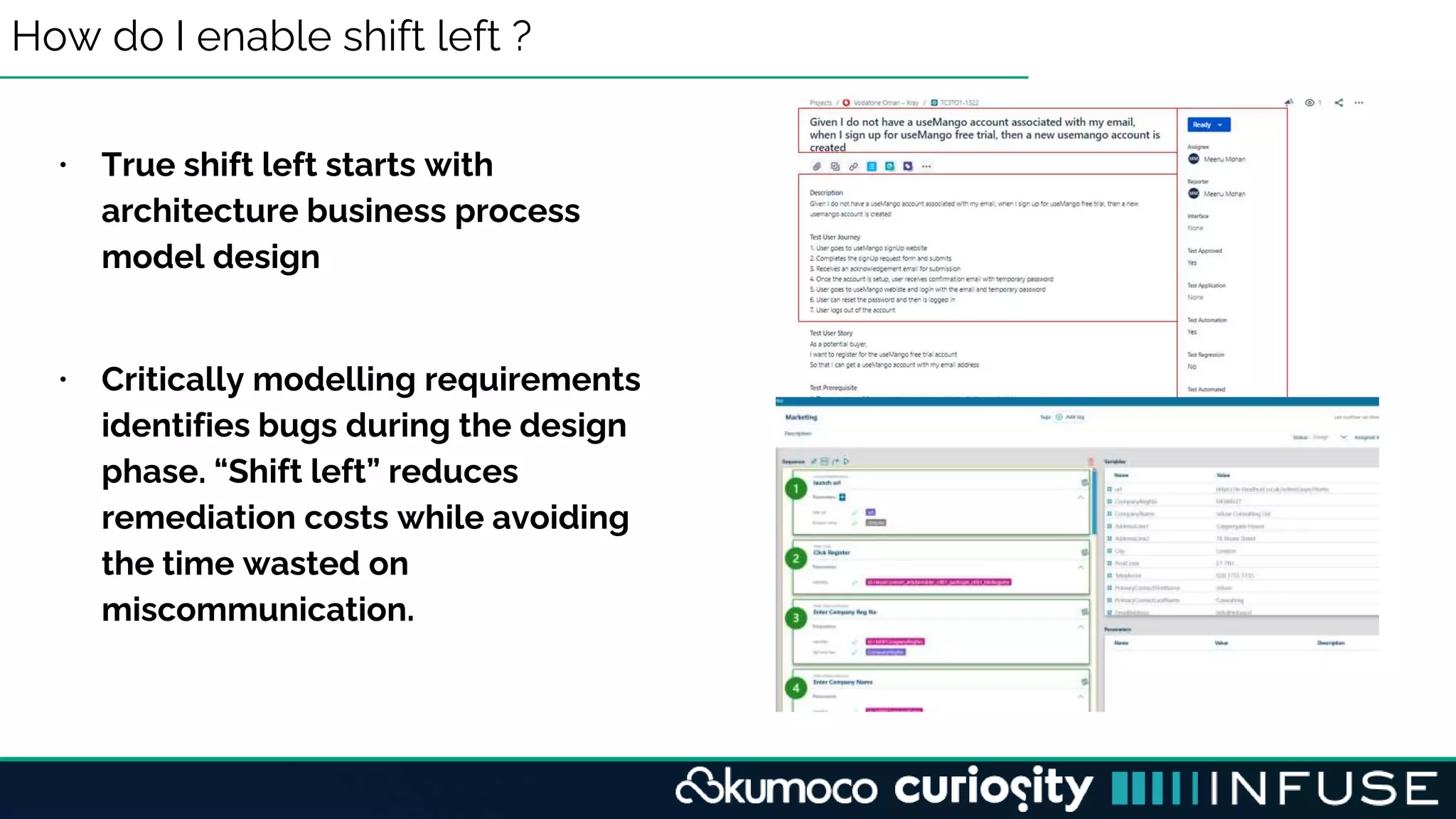 How do I enable shift left ?
• True shift left starts with
architecture business process
model design
• Critically modelling requirements
identifies bugs during the design
phase. “Shift left” reduces
remediation costs while avoiding
the time wasted on
miscommunication.
 