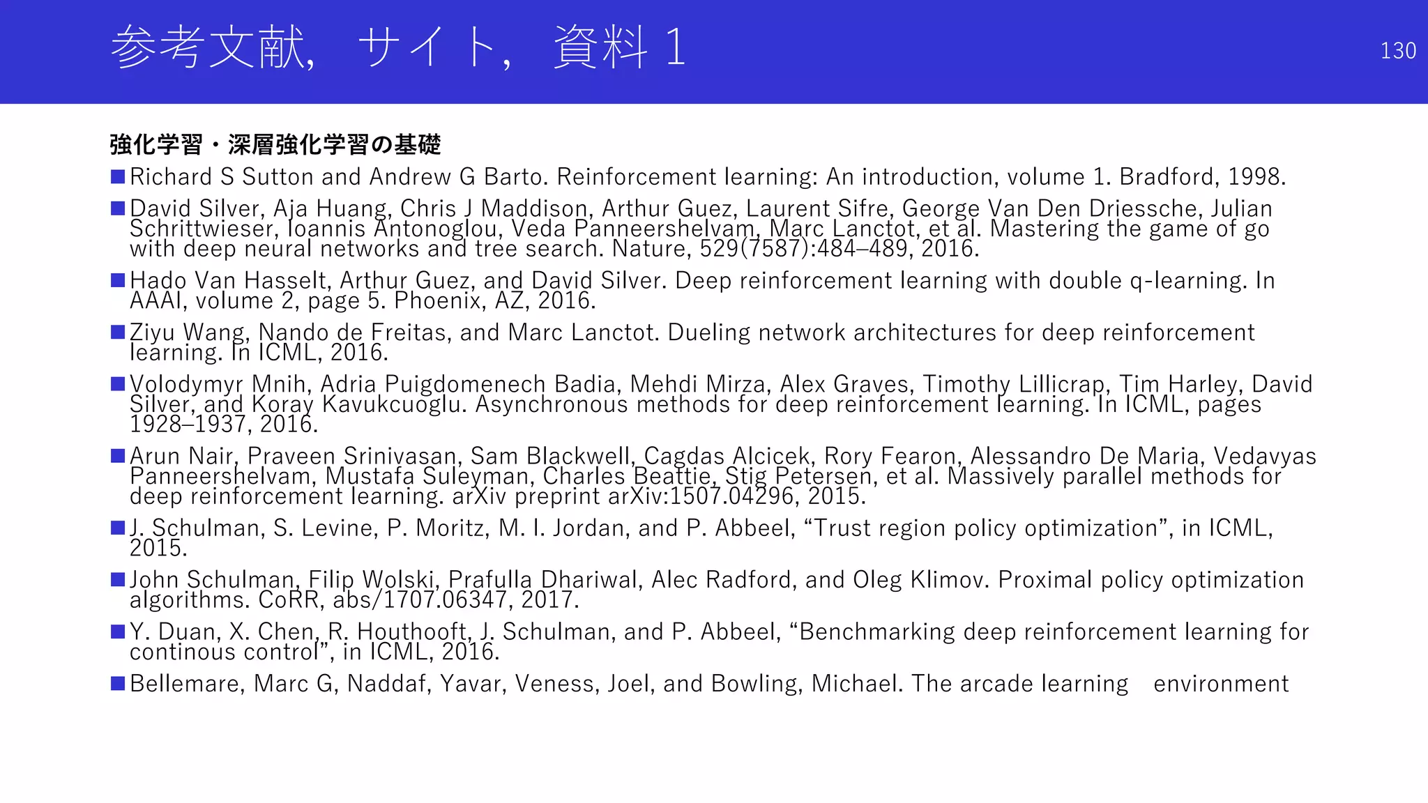 参考文献，サイト，資料 1
強化学習・深層強化学習の基礎
Richard S Sutton and Andrew G Barto. Reinforcement learning: An introduction, volume 1. Bradford, 1998.
David Silver, Aja Huang, Chris J Maddison, Arthur Guez, Laurent Sifre, George Van Den Driessche, Julian
Schrittwieser, Ioannis Antonoglou, Veda Panneershelvam, Marc Lanctot, et al. Mastering the game of go
with deep neural networks and tree search. Nature, 529(7587):484–489, 2016.
Hado Van Hasselt, Arthur Guez, and David Silver. Deep reinforcement learning with double q-learning. In
AAAI, volume 2, page 5. Phoenix, AZ, 2016.
Ziyu Wang, Nando de Freitas, and Marc Lanctot. Dueling network architectures for deep reinforcement
learning. In ICML, 2016.
Volodymyr Mnih, Adria Puigdomenech Badia, Mehdi Mirza, Alex Graves, Timothy Lillicrap, Tim Harley, David
Silver, and Koray Kavukcuoglu. Asynchronous methods for deep reinforcement learning. In ICML, pages
1928–1937, 2016.
Arun Nair, Praveen Srinivasan, Sam Blackwell, Cagdas Alcicek, Rory Fearon, Alessandro De Maria, Vedavyas
Panneershelvam, Mustafa Suleyman, Charles Beattie, Stig Petersen, et al. Massively parallel methods for
deep reinforcement learning. arXiv preprint arXiv:1507.04296, 2015.
J. Schulman, S. Levine, P. Moritz, M. I. Jordan, and P. Abbeel, “Trust region policy optimization”, in ICML,
2015.
John Schulman, Filip Wolski, Prafulla Dhariwal, Alec Radford, and Oleg Klimov. Proximal policy optimization
algorithms. CoRR, abs/1707.06347, 2017.
Y. Duan, X. Chen, R. Houthooft, J. Schulman, and P. Abbeel, “Benchmarking deep reinforcement learning for
continous control”, in ICML, 2016.
Bellemare, Marc G, Naddaf, Yavar, Veness, Joel, and Bowling, Michael. The arcade learning environment
130
 