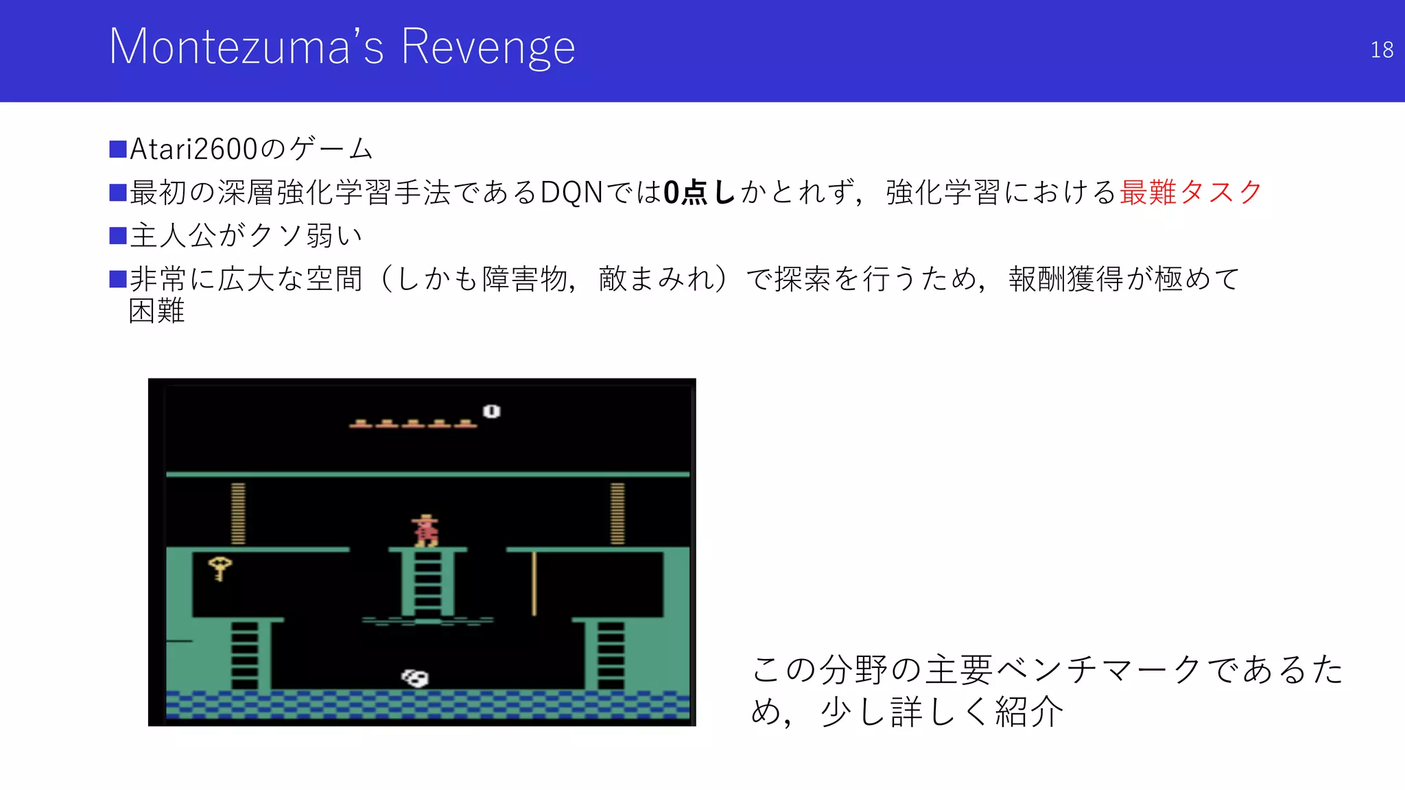 Montezuma’s Revenge
Atari2600のゲーム
最初の深層強化学習手法であるDQNでは0点しかとれず，強化学習における最難タスク
主人公がクソ弱い
非常に広大な空間（しかも障害物，敵まみれ）で探索を行うため，報酬獲得が極めて
困難
18
この分野の主要ベンチマークであるた
め，少し詳しく紹介
 