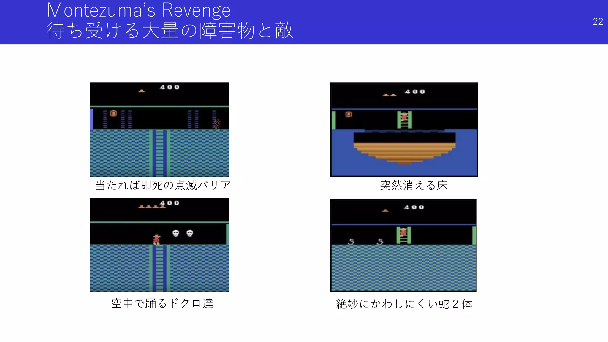 Montezuma’s Revenge
待ち受ける大量の障害物と敵
空中で踊るドクロ達 絶妙にかわしにくい蛇２体
当たれば即死の点滅バリア 突然消える床
22
 
