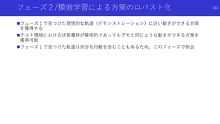 フェーズ２/模倣学習による方策のロバスト化
フェーズ１で見つけた理想的な軌道（デモンストレーション）に近い動きができる方策
を獲得する
テスト環境における状態遷移が確率的であってもデモと同じような動きができる方策を
獲得可能
フェーズ１で見つけた軌道は余分な行動を含むこともあるため，このフェーズで除去
112
 