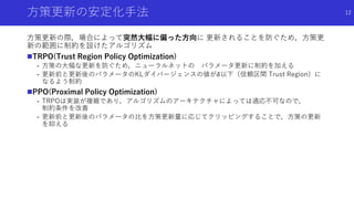 方策更新の安定化手法
方策更新の際，場合によって突然大幅に偏った方向に 更新されることを防ぐため，方策更
新の範囲に制約を設けたアルゴリズム
TRPO(Trust Region Policy Optimization)
- 方策の大幅な更新を防ぐため，ニューラルネットの パラメータ更新に制約を加える
- 更新前と更新後のパラメータのKLダイバージェンスの値が𝛿以下（信頼区間 Trust Region）に
なるよう制約
PPO(Proximal Policy Optimization)
- TRPOは実装が複雑であり，アルゴリズムのアーキテクチャによっては適応不可なので，
制約条件を改善
- 更新前と更新後のパラメータの比を方策更新量に応じてクリッピングすることで，方策の更新
を抑える
12
 