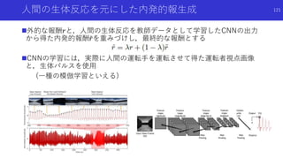 人間の生体反応を元にした内発的報生成
外的な報酬𝑟と，人間の生体反応を教師データとして学習したCNNの出力
から得た内発的報酬 𝑟を重みづけし，最終的な報酬とする
CNNの学習には，実際に人間の運転手を運転させて得た運転者視点画像
と，生体パルスを使用
(一種の模倣学習といえる)
121
 