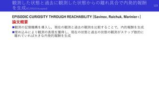 観測した状態と過去に観測した状態からの離れ具合で内発的報酬
を生成(ICLR2019 Accepted)
EPISODIC CURIOSITY THROUGH REACHABILITY [Savinov, Raichuk, Marinier+]
論文概要
観測の記憶機構を導入し，現在の観測と過去の観測を比較することで，内的報酬を生成
埋め込みにより観測の表現を獲得し，現在の状態と過去の状態の観測がステップ数的に
離れていれば大きな内発的報酬を生成
123
 