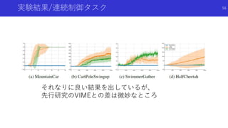 実験結果/連続制御タスク
それなりに良い結果を出しているが、
先行研究のVIMEとの差は微妙なところ
56
 