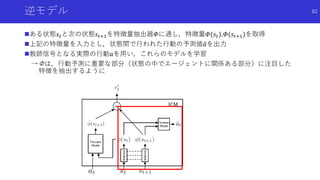 逆モデル
ある状態𝑠𝑡と次の状態𝑠𝑡+1を特徴量抽出器𝛷に通し，特徴量𝛷(𝑠𝑡),𝛷(𝑠𝑡+1)を取得
上記の特徴量を入力とし，状態間で行われた行動の予測値 𝑎を出力
教師信号となる実際の行動𝑎を用い，これらのモデルを学習
→Φは，行動予測に重要な部分（状態の中でエージェントに関係ある部分）に注目した
特徴を抽出するように
82
 