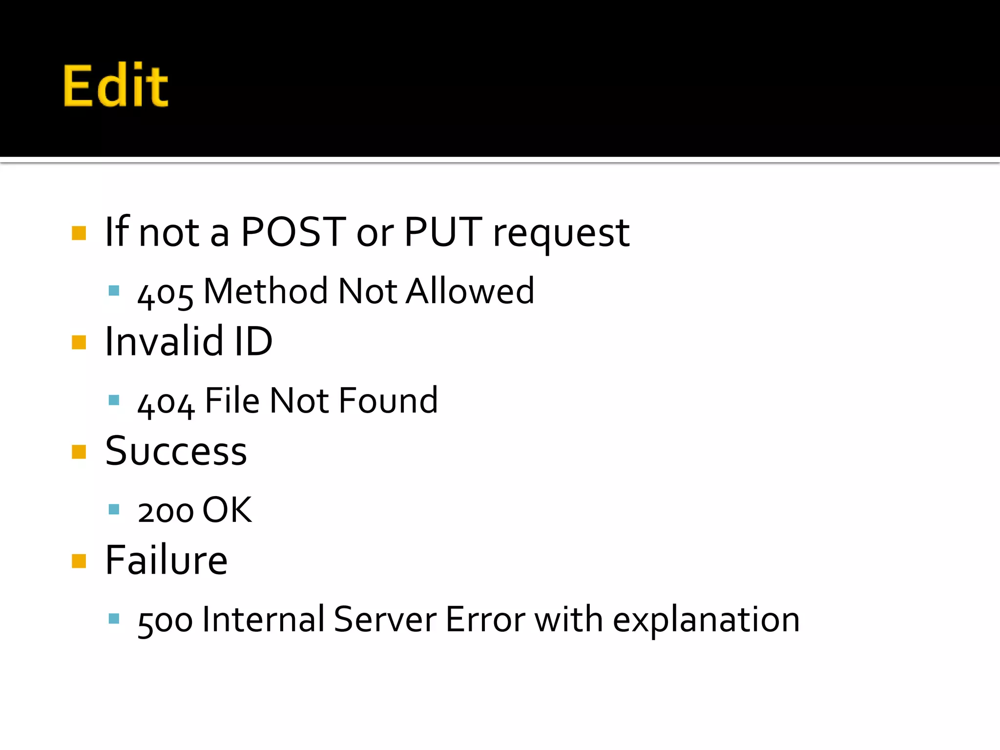    If not a POST or PUT request
     405 Method Not Allowed
   Invalid ID
     404 File Not Found
   Success
     200 OK
   Failure
     500 Internal Server Error with explanation
 