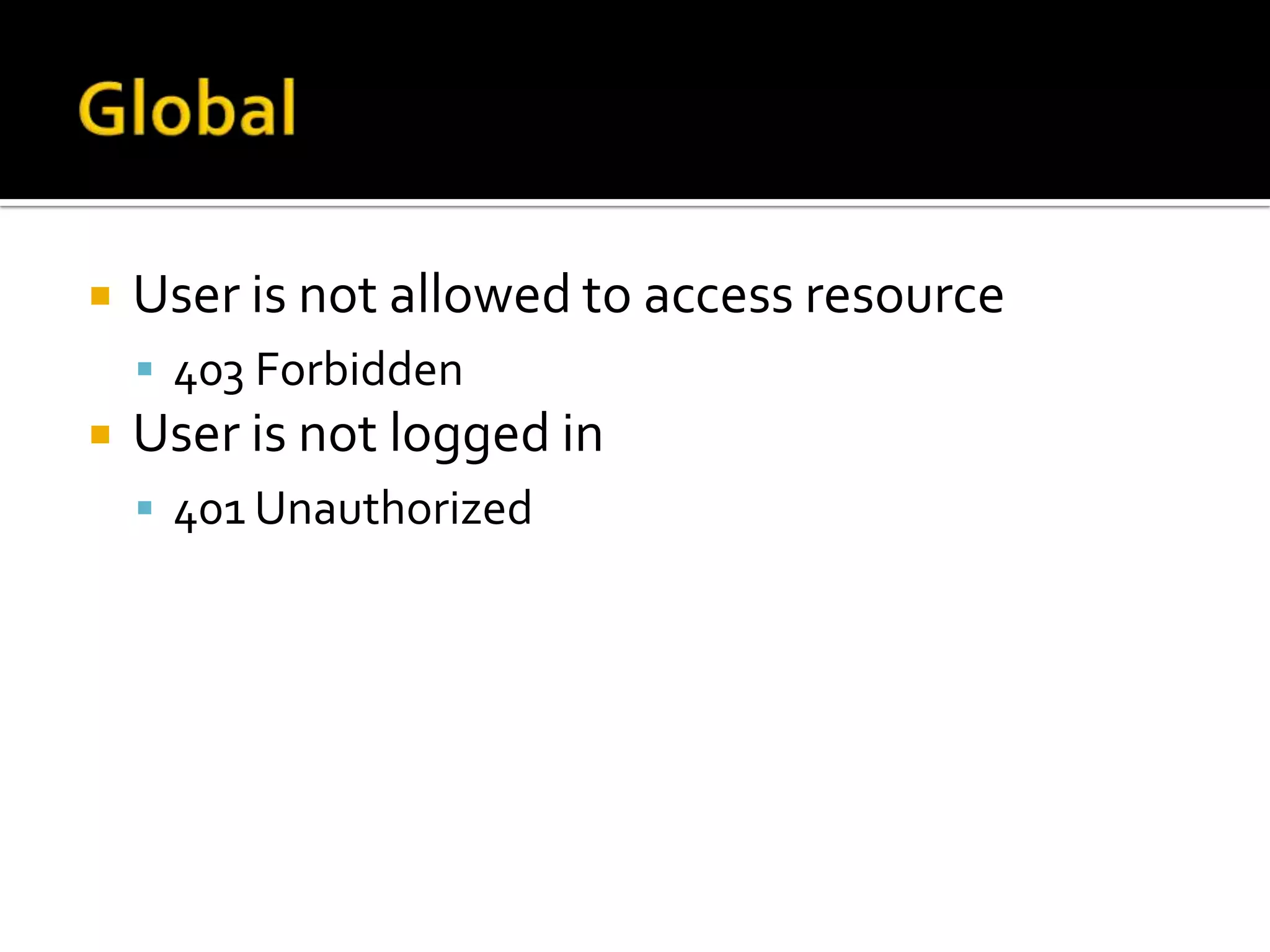    User is not allowed to access resource
     403 Forbidden
   User is not logged in
     401 Unauthorized
 
