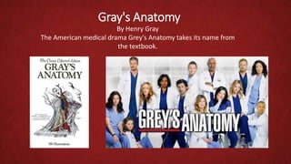 Gray's Anatomy
By Henry Gray
The American medical drama Grey's Anatomy takes its name from
the textbook.
 
