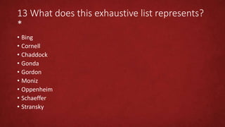 13 What does this exhaustive list represents?
*
• Bing
• Cornell
• Chaddock
• Gonda
• Gordon
• Moniz
• Oppenheim
• Schaeffer
• Stransky
 