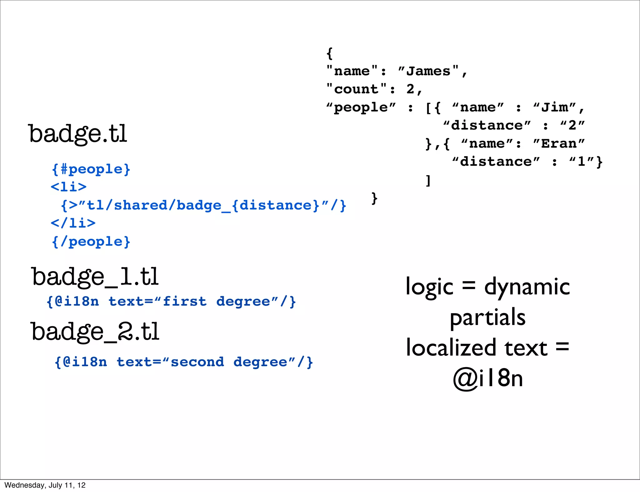 {
                                          "name": ”James",
                                          "count": 2,
                                          “people” : [{ “name” : “Jim”,

      badge.tl                                          “distance” : “2”
                                                      },{ “name”: ”Eran”
                                                         “distance” : “1”}
            {#people}
                                                      ]
            <li>
             {>”tl/shared/badge_{distance}”/} }
            </li>
            {/people}

       badge_1.tl                                  logic = dynamic
           {@i18n text=“first degree”/}
                                                        partials
       badge_2.tl
             {@i18n text=“second degree”/}
                                                   localized text =
                                                        @i18n


Wednesday, July 11, 12
 
