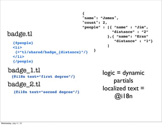 {
                                          "name": ”James",
                                          "count": 2,
                                          “people” : [{ “name” : “Jim”,

      badge.tl                                          “distance” : “2”
                                                      },{ “name”: ”Eran”
                                                         “distance” : “1”}
            {#people}
                                                      ]
            <li>
             {>”tl/shared/badge_{distance}”/} }
            </li>
            {/people}

       badge_1.tl                                  logic = dynamic
           {@i18n text=“first degree”/}
                                                        partials
       badge_2.tl
             {@i18n text=“second degree”/}
                                                   localized text =
                                                        @i18n


Wednesday, July 11, 12
 
