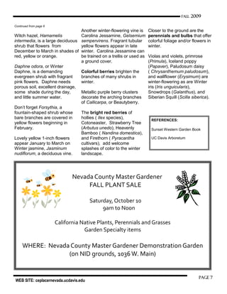 WEB SITE: ceplacernevada.ucdavis.edu
Page 7
FALL 2009
Witch hazel, Hamamelis
intermedia, is a large deciduous
shrub that flowers from
December to March in shades of
red, yellow or orange.
Daphne odora, or Winter
Daphne, is a demanding
evergreen shrub with fragrant
pink flowers. Daphne needs
porous soil, excellent drainage,
some shade during the day,
and little summer water.
Don’t forget Forsythia, a
fountain-shaped shrub whose
bare branches are covered in
yellow flowers beginning in
February.
Lovely yellow 1-inch flowers
appear January to March on
Winter jasmine, Jasminum
nudiflorum, a deciduous vine.
Another winter-flowering vine is
Carolina Jessamine, Gelsemium
sempervirens. Fragrant tubular
yellow flowers appear in late
winter. Carolina Jessamine can
be trained on a trellis or used as
a ground cover.
Colorful berries brighten the
branches of many shrubs in
winter.
Metallic purple berry clusters
decorate the arching branches
of Callicarpa, or Beautyberry.
The bright red berries of
hollies ( Ilex species),
Cotoneaster, Strawberry Tree
(Arbutus unedo), Heavenly
Bamboo ( Nandina domestica),
and Firethorn ( Pyracantha
cultivars), add welcome
splashes of color to the winter
landscape.
Closer to the ground are the
perennials and bulbs that offer
colorful foliage and/or flowers in
winter.
Violas and violets, primrose
(Primula), Iceland poppy
(Papaver), Paludosum daisy
( Chrysanthemum paludosum),
and wallflower (Erysimum) are
winter-flowering as are Winter
iris (Iris unguicularis),
Snowdrops (Galanthus), and
Siberian Squill (Scilla siberica).
Continued from page 6
Nevada County Master Gardener
FALL PLANT SALE
Saturday, October 10
9am to Noon
California Native Plants, Perennials and Grasses
Garden Specialty items
WHERE: Nevada County Master Gardener Demonstration Garden
(on NID grounds, 1036 W. Main)
REFERENCES:
Sunset Western Garden Book
UC Davis Arboretum
 
