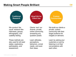 5
© 2008 Critical Mass, Inc. All Rights Reserved
Making Smart People Brilliant
We conduct ‘the
usual’ research like
interviews, groups,
ethnography, and
usability testing.
These methods are
also used for all need
states: exploratory,
participatory, and
assessment.
Traditional
Research
Custom
Communities
ShopTalk for
Client Use
Clients ‘rent’ our
diverse, private,
online community,
answering any
question posed.
Learn attitudes,
perceptions,
behaviors, unmet
needs, and even
their ideas.
We build our clients a
private, custom
community with their
target audience for
insights on demand.
Learn by asking your
customers or just by
listening in on their
conversations with
each other.
 