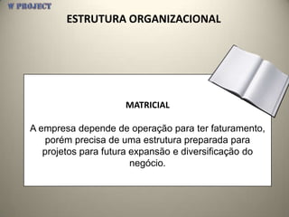 ESTRUTURA ORGANIZACIONAL




                     MATRICIAL

A empresa depende de operação para ter faturamento,
    porém precisa de uma estrutura preparada para
   projetos para futura expansão e diversificação do
                        negócio.
 