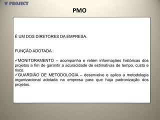 PMO


É UM DOS DIRETORES DA EMPRESA.


FUNÇÃO ADOTADA :

MONITORAMENTO – acompanha e retém informações históricas dos
projetos a fim de garantir a acuracidade de estimativas de tempo, custo e
risco.
GUARDIÃO DE METODOLOGIA – desenvolve e aplica a metodologia
organizacional adotada na empresa para que haja padronização dos
projetos.
 