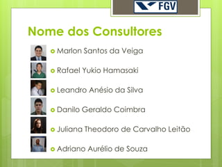 Nome dos Consultores
    Marlon    Santos da Veiga

    Rafael   Yukio Hamasaki

    Leandro    Anésio da Silva

    Danilo   Geraldo Coimbra

    Juliana   Theodoro de Carvalho Leitão

    Adriano   Aurélio de Souza
 