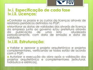 iv.i. Especificação de cada fase
iv.i.ii. Licenças:
Controlar  os prazos e os custos da licenças através de
relatórios periódicos definidos no PGP;
Monitorar as datas de validades dos alvarás de licença
da empresa junto ao governo e/ou prefeitura através
da     publicação      de    uma     lista    atualizada
periodicamente, com data de emissão e data de
validade.
iv.i.iii. Estruturação:
 Validar e aprovar o projeto arquitetônico e projetos
complementares, verificando se todos estão de acordo
com o PGP;
 Autorizar a execução da obra após a validação dos
projetos arquitetônico e complementares (estrutural,
hidráulico e elétricos).
 