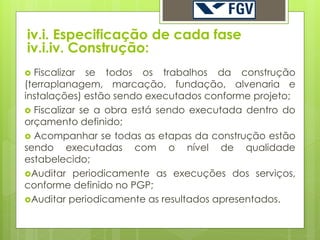 iv.i. Especificação de cada fase
iv.i.iv. Construção:
 Fiscalizar se todos os trabalhos da construção
(terraplanagem, marcação, fundação, alvenaria e
instalações) estão sendo executados conforme projeto;
 Fiscalizar se a obra está sendo executada dentro do
orçamento definido;
 Acompanhar se todas as etapas da construção estão
sendo executadas com o nível de qualidade
estabelecido;
Auditar periodicamente as execuções dos serviços,
conforme definido no PGP;
Auditar periodicamente as resultados apresentados.
 