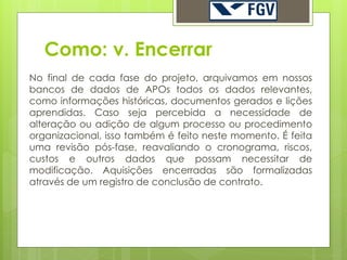 Como: v. Encerrar
No final de cada fase do projeto, arquivamos em nossos
bancos de dados de APOs todos os dados relevantes,
como informações históricas, documentos gerados e lições
aprendidas. Caso seja percebida a necessidade de
alteração ou adição de algum processo ou procedimento
organizacional, isso também é feito neste momento. É feita
uma revisão pós-fase, reavaliando o cronograma, riscos,
custos e outros dados que possam necessitar de
modificação. Aquisições encerradas são formalizadas
através de um registro de conclusão de contrato.
 