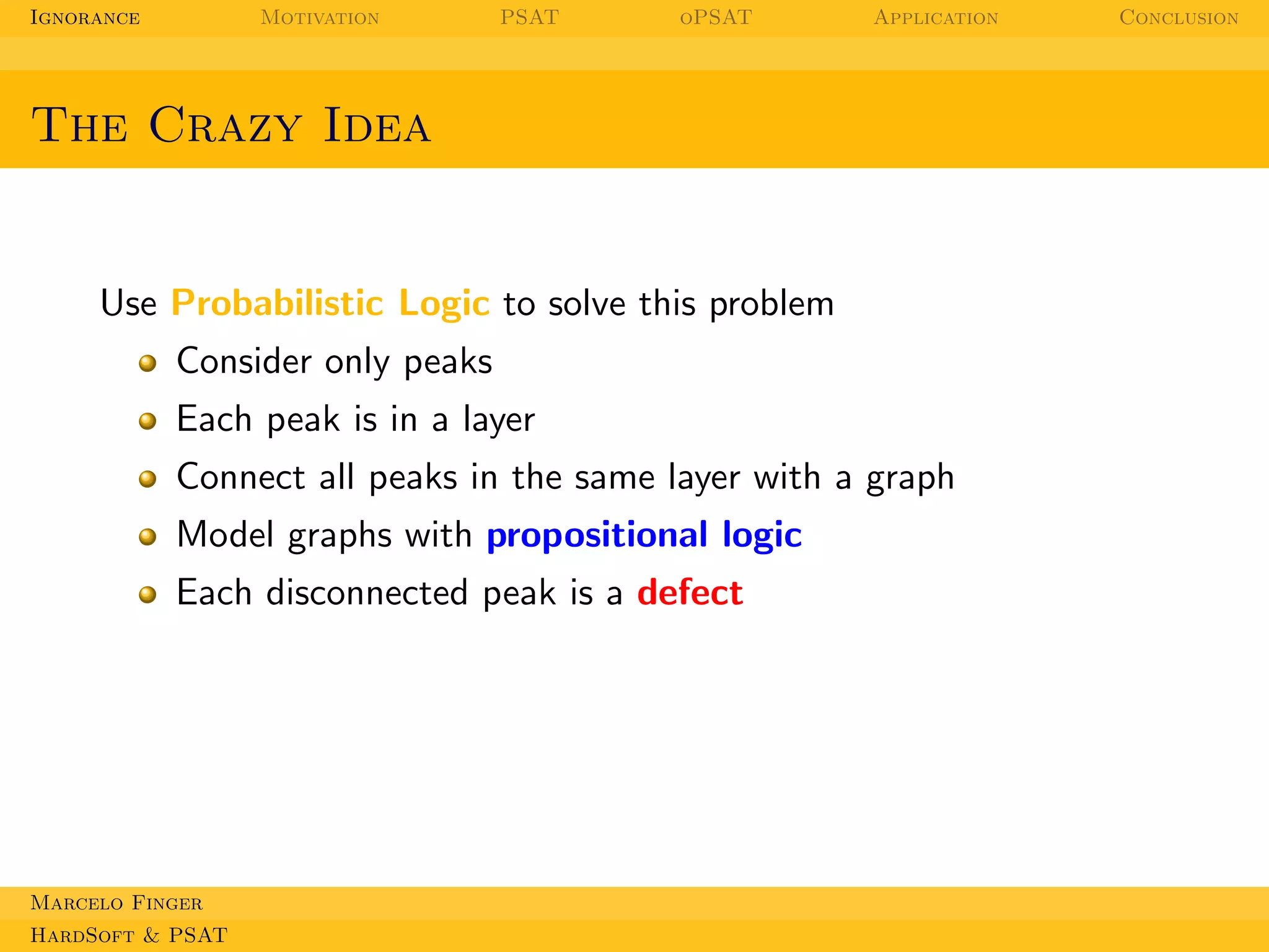 Ignorance

Motivation

PSAT

oPSAT

Application

The Crazy Idea

Use Probabilistic Logic to solve this problem
Consider only peaks
Each peak is in a layer
Connect all peaks in the same layer with a graph
Model graphs with propositional logic
Each disconnected peak is a defect

Marcelo Finger
HardSoft & PSAT

Conclusion

 