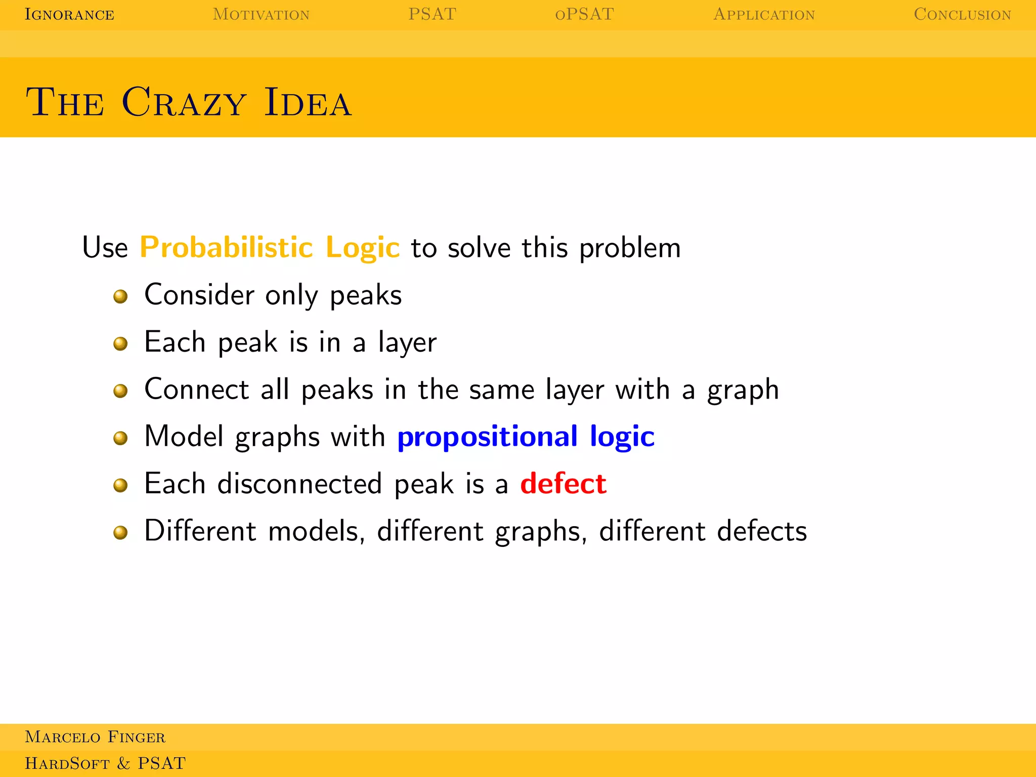 Ignorance

Motivation

PSAT

oPSAT

Application

The Crazy Idea

Use Probabilistic Logic to solve this problem
Consider only peaks
Each peak is in a layer
Connect all peaks in the same layer with a graph
Model graphs with propositional logic
Each disconnected peak is a defect
Diﬀerent models, diﬀerent graphs, diﬀerent defects

Marcelo Finger
HardSoft & PSAT

Conclusion

 