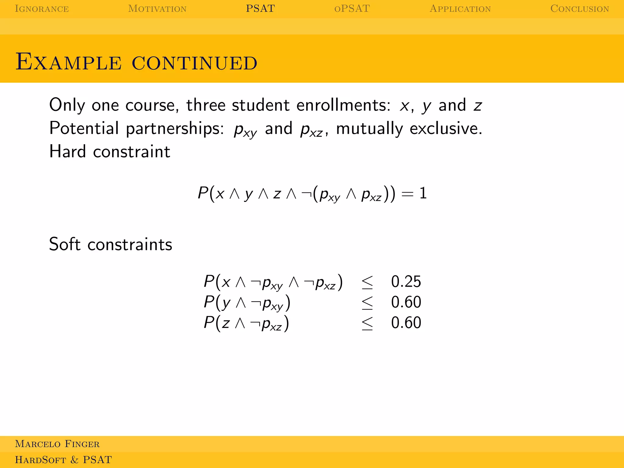 Ignorance

Motivation

PSAT

oPSAT

Application

Example continued
Only one course, three student enrollments: x, y and z
Potential partnerships: pxy and pxz , mutually exclusive.
Hard constraint
P(x ∧ y ∧ z ∧ ¬(pxy ∧ pxz )) = 1

Soft constraints
P(x ∧ ¬pxy ∧ ¬pxz )
P(y ∧ ¬pxy )
P(z ∧ ¬pxz )

Marcelo Finger
HardSoft & PSAT

≤
≤
≤

0.25
0.60
0.60

Conclusion

 
