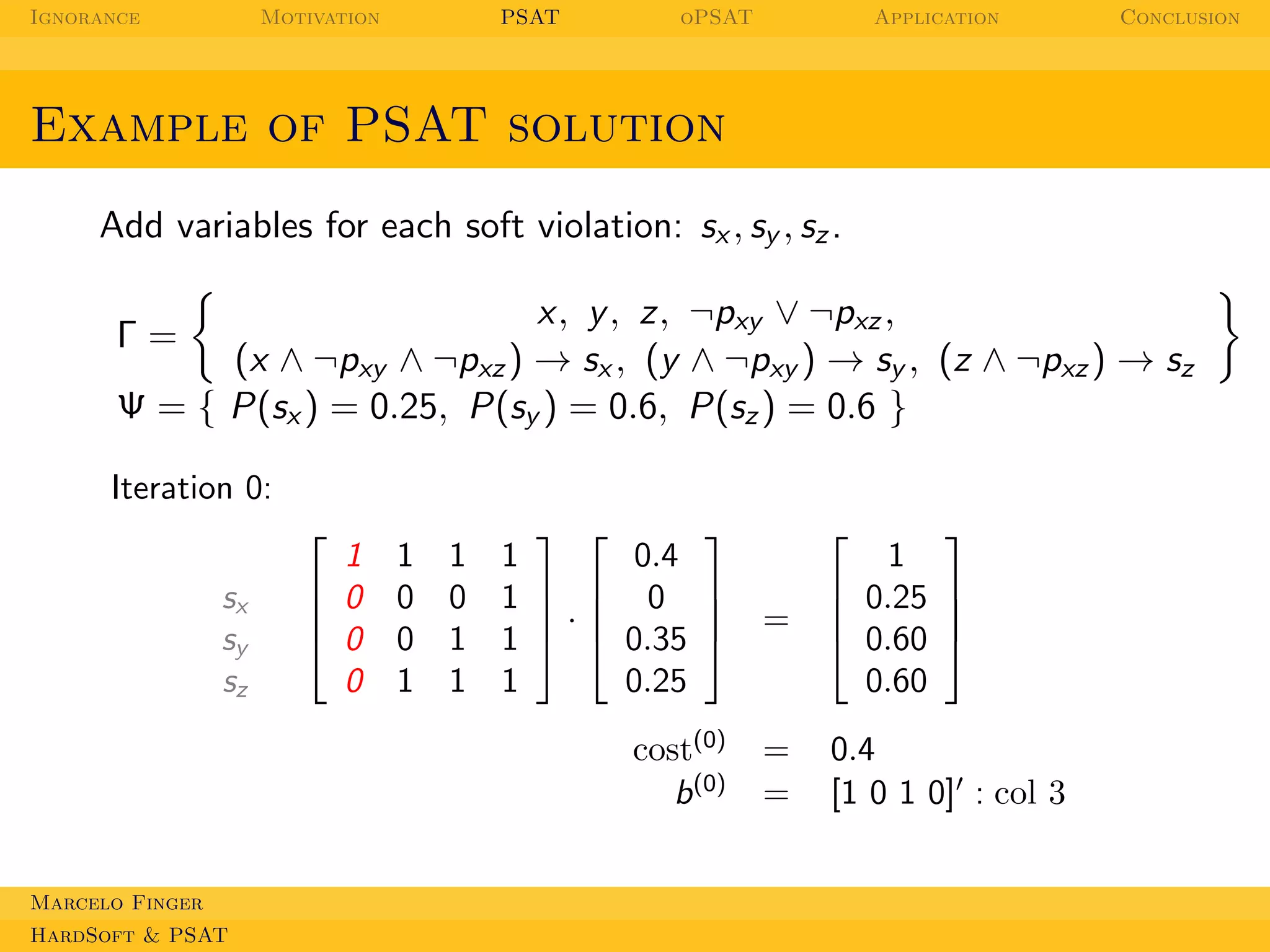 Ignorance

Motivation

PSAT

oPSAT

Application

Conclusion

Example of PSAT solution
Add variables for each soft violation: sx , sy , sz .
x, y , z, ¬pxy ∨ ¬pxz ,
(x ∧ ¬pxy ∧ ¬pxz ) → sx , (y ∧ ¬pxy ) → sy , (z ∧ ¬pxz ) → sz
Ψ = { P(sx ) = 0.25, P(sy ) = 0.6, P(sz ) = 0.6 }
Γ=

Iteration 0:
sx
sy
sz



1
 0

 0
0

1
0
0
1

1
0
1
1

 
0.4
1
1   0
·
1   0.35
0.25
1



HardSoft & PSAT

=

cost(0)
b (0)
Marcelo Finger





=
=




1
 0.25 


 0.60 
0.60
0.4
[1 0 1 0]′ : col 3

 