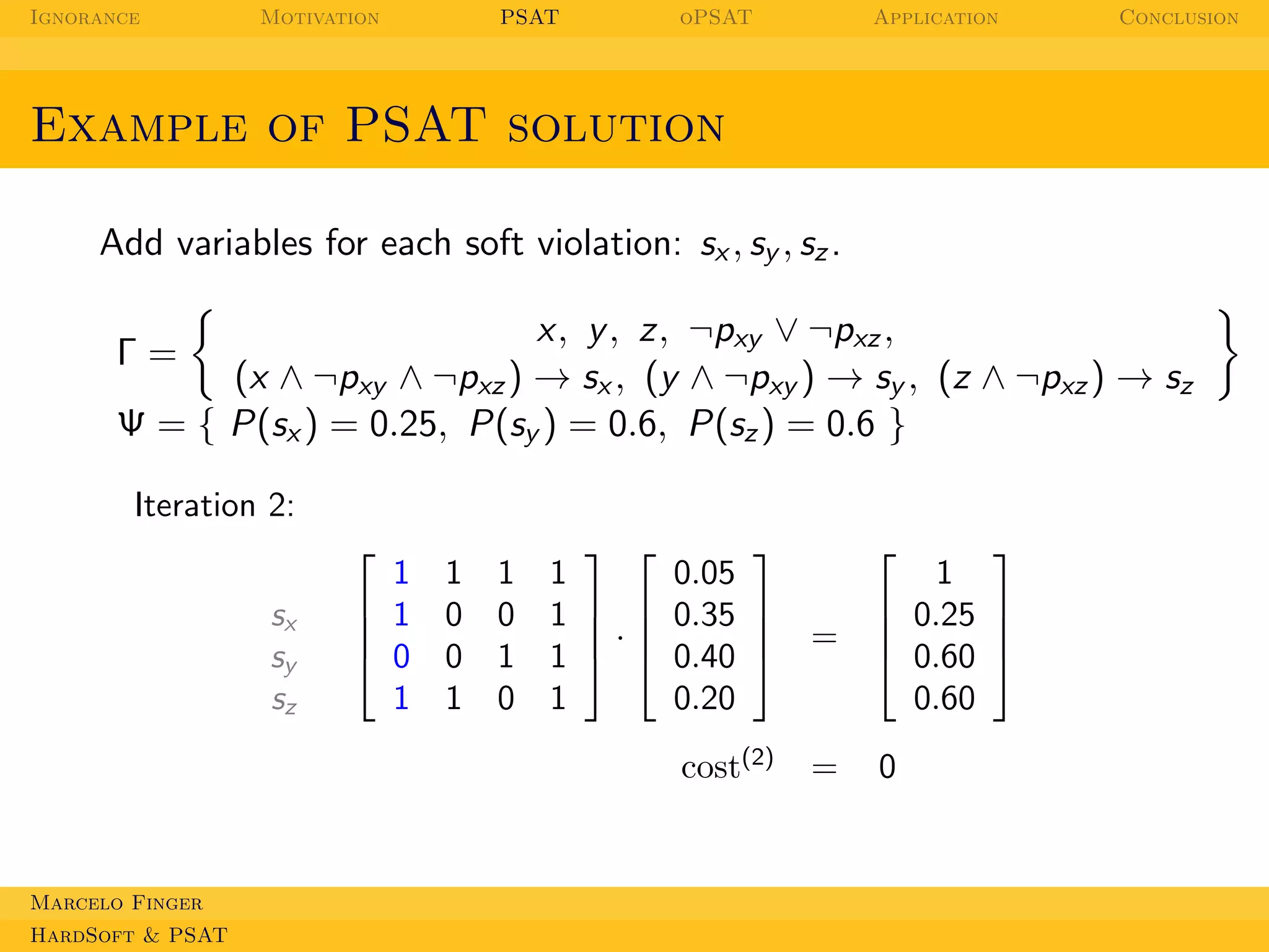 Ignorance

Motivation

PSAT

oPSAT

Application

Conclusion

Example of PSAT solution
Add variables for each soft violation: sx , sy , sz .
x, y , z, ¬pxy ∨ ¬pxz ,
(x ∧ ¬pxy ∧ ¬pxz ) → sx , (y ∧ ¬pxy ) → sy , (z ∧ ¬pxz ) → sz
Ψ = { P(sx ) = 0.25, P(sy ) = 0.6, P(sz ) = 0.6 }
Γ=

Iteration 2:
sx
sy
sz



1
 1

 0
1

1
0
0
1

1
0
1
0

 
0.05
1
1   0.35
·
1   0.40
1
0.20



HardSoft & PSAT

=

cost(2)

Marcelo Finger





=




1
 0.25 


 0.60 
0.60
0

 