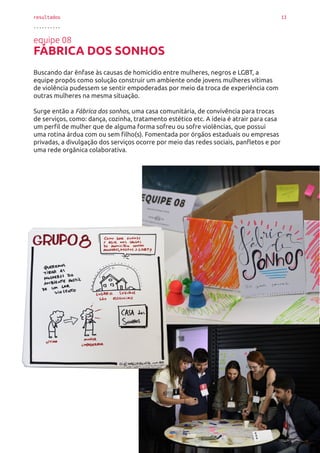 resultados 13
..........
equipe 08
FÁBRICA DOS SONHOS
Buscando dar ênfase às causas de homicídio entre mulheres, negros e LGBT, a
equipe propôs como solução construir um ambiente onde jovens mulheres vítimas
de violência pudessem se sentir empoderadas por meio da troca de experiência com
outras mulheres na mesma situação.
Surge então a Fábrica dos sonhos, uma casa comunitária, de convivência para trocas
de serviços, como: dança, cozinha, tratamento estético etc. A ideia é atrair para casa
um perfil de mulher que de alguma forma sofreu ou sofre violências, que possui
uma rotina árdua com ou sem filho(s). Fomentada por órgãos estaduais ou empresas
privadas, a divulgação dos serviços ocorre por meio das redes sociais, panfletos e por
uma rede orgânica colaborativa.
 