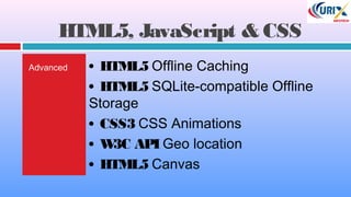 Advanced  • HTML5 Offline Caching
 • HTML5 SQLite-compatible Offline
Storage
 • CSS3 CSS Animations
 • W3C API Geo location
 • HTML5 Canvas
HTML5, JavaScript & CSS
 