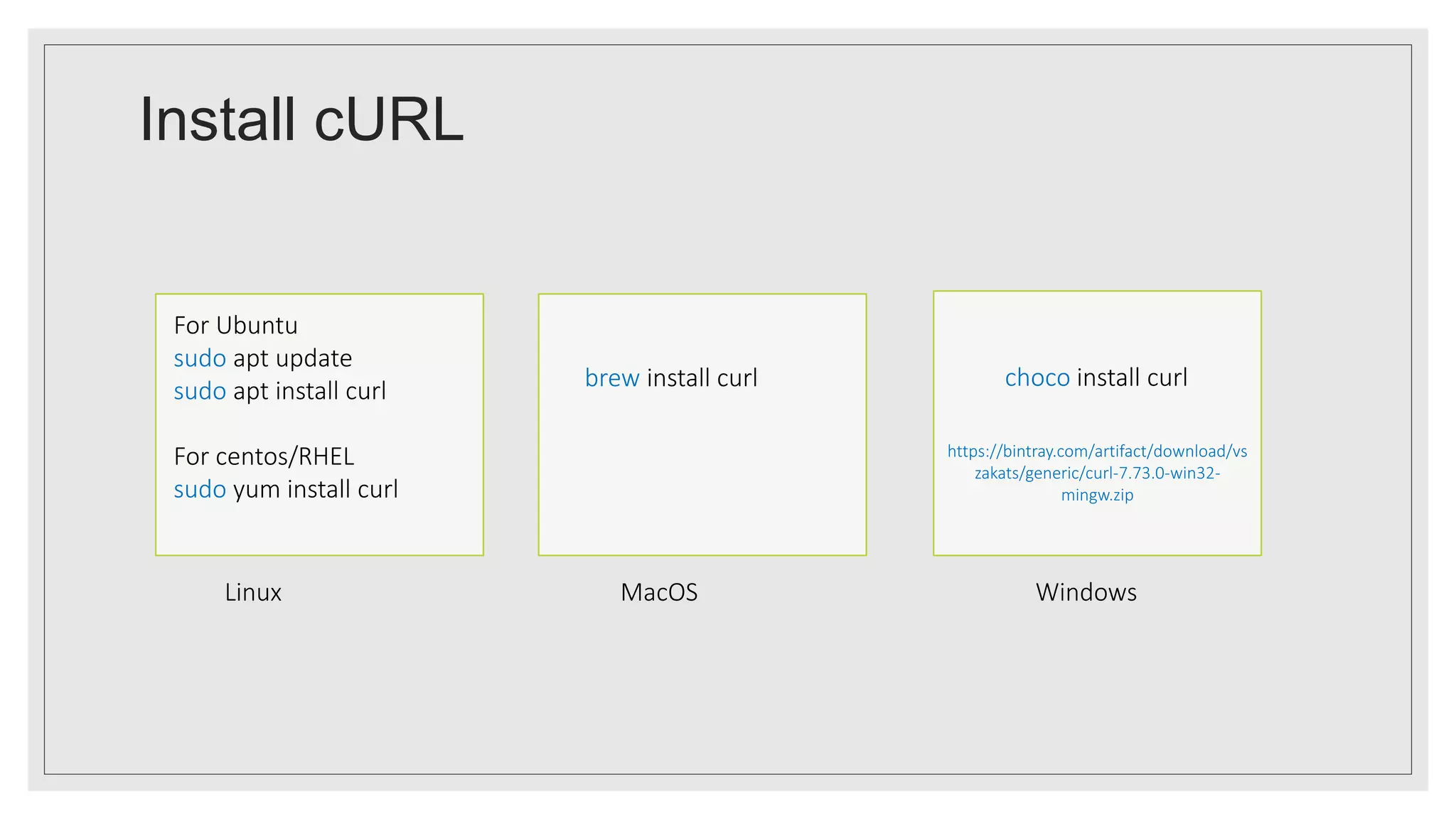 Install cURL
https://bintray.com/artifact/download/vs
zakats/generic/curl-7.73.0-win32-
mingw.zip
brew install curl
Linux MacOS Windows
For Ubuntu
sudo apt update
sudo apt install curl
For centos/RHEL
sudo yum install curl
choco install curl
 