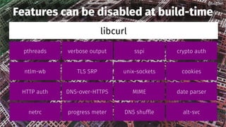 Features can be disabled at build-time
pthreads crypto authsspiverbose output
ntlm-wb cookiesunix-socketsTLS SRP
HTTP auth date parserMIMEDNS-over-HTTPS
netrc alt-svcDNS shuffleprogress meter
libcurl
@bagder@bagder
 