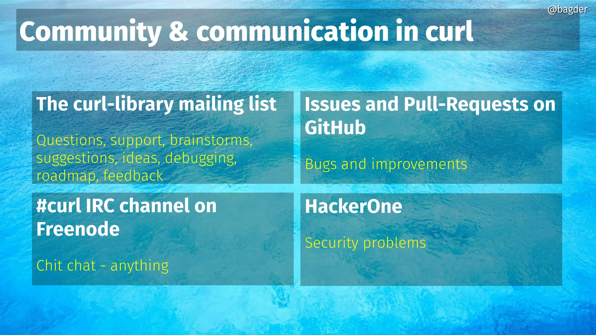 @bagder@bagder
Community & communication in curl
The curl-library mailing list
Questions, support, brainstorms,
suggestions, ideas, debugging,
roadmap, feedback
Issues and Pull-Requests on
GitHub
Bugs and improvements
#curl IRC channel on
Freenode
Chit chat - anything
@bagder@bagder
HackerOne
Security problems
 