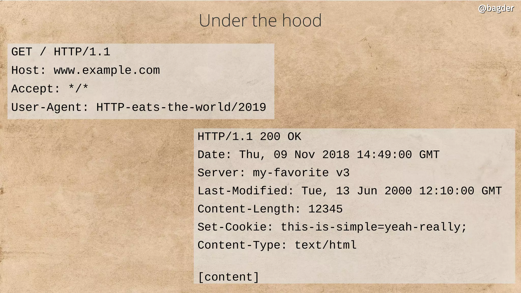 Under the hood
GET / HTTP/1.1
Host: www.example.com
Accept: */*
User-Agent: HTTP-eats-the-world/2019
HTTP/1.1 200 OK
Date: Thu, 09 Nov 2018 14:49:00 GMT
Server: my-favorite v3
Last-Modified: Tue, 13 Jun 2000 12:10:00 GMT
Content-Length: 12345
Set-Cookie: this-is-simple=yeah-really;
Content-Type: text/html
[content]
@bagder@bagder
 