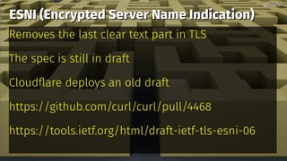 ESNI (Encrypted Server Name Indication)ESNI (Encrypted Server Name Indication)
Removes the last clear text part in TLS
The spec is still in draft
Cloudflare deploys an old draft
https://github.com/curl/curl/pull/4468
https://tools.ietf.org/html/draft-ietf-tls-esni-06
@bagder@bagder
 