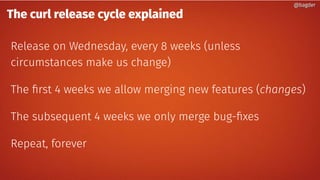The curl release cycle explained
Release on Wednesday, every 8 weeks (unless
circumstances make us change)
The first 4 weeks we allow merging new features (changes)
The subsequent 4 weeks we only merge bug-fixes
Repeat, forever
@bagder@bagder
 