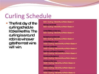 Curling Schedule  The first day of the curling schedule l0oks like this. The curling is a round robin so whoever gets the most wins will win. 9:00 - Curling - Men's Round Robin Session 1  Norway vs Canada  9:00 - Curling - Men's Round Robin Session 1  United States vs Germany  9:00 - Curling - Men's Round Robin Session 1  Switzerland vs Denmark  9:00 - Curling - Men's Round Robin Session 1  United States vs Japan  14:00 - Curling - Women's Round Robin Session 1  Denmark vs Sweden  14:00 - Curling - Women's Round Robin Session 1  Germany vs Russian Federation  14:00 - Curling - Women's Round Robin Session 1  Canada vs Switzerland  14:00 - Curling - Women's Round Robin Session 1  Canada vs Germany  19:00 - Curling - Men's Round Robin Session 2  China vs France  19:00 - Curling - Men's Round Robin Session 2  United States vs Norway  19:00 - Curling - Men's Round Robin Session 2  