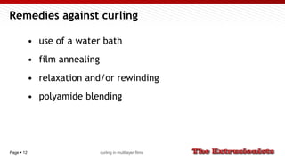 Page  12
Remedies against curling
• use of a water bath
• film annealing
• relaxation and/or rewinding
• polyamide blending
curling in multilayer films
 