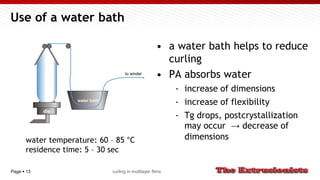 Page  13
Use of a water bath
• a water bath helps to reduce
curling
• PA absorbs water
- increase of dimensions
- increase of flexibility
- Tg drops, postcrystallization
may occur → decrease of
dimensions
curling in multilayer films
water temperature: 60 – 85 °C
residence time: 5 – 30 sec
 
