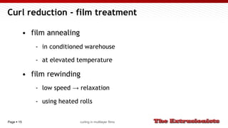 Page  15
Curl reduction - film treatment
• film annealing
- in conditioned warehouse
- at elevated temperature
• film rewinding
- low speed → relaxation
- using heated rolls
curling in multilayer films
 